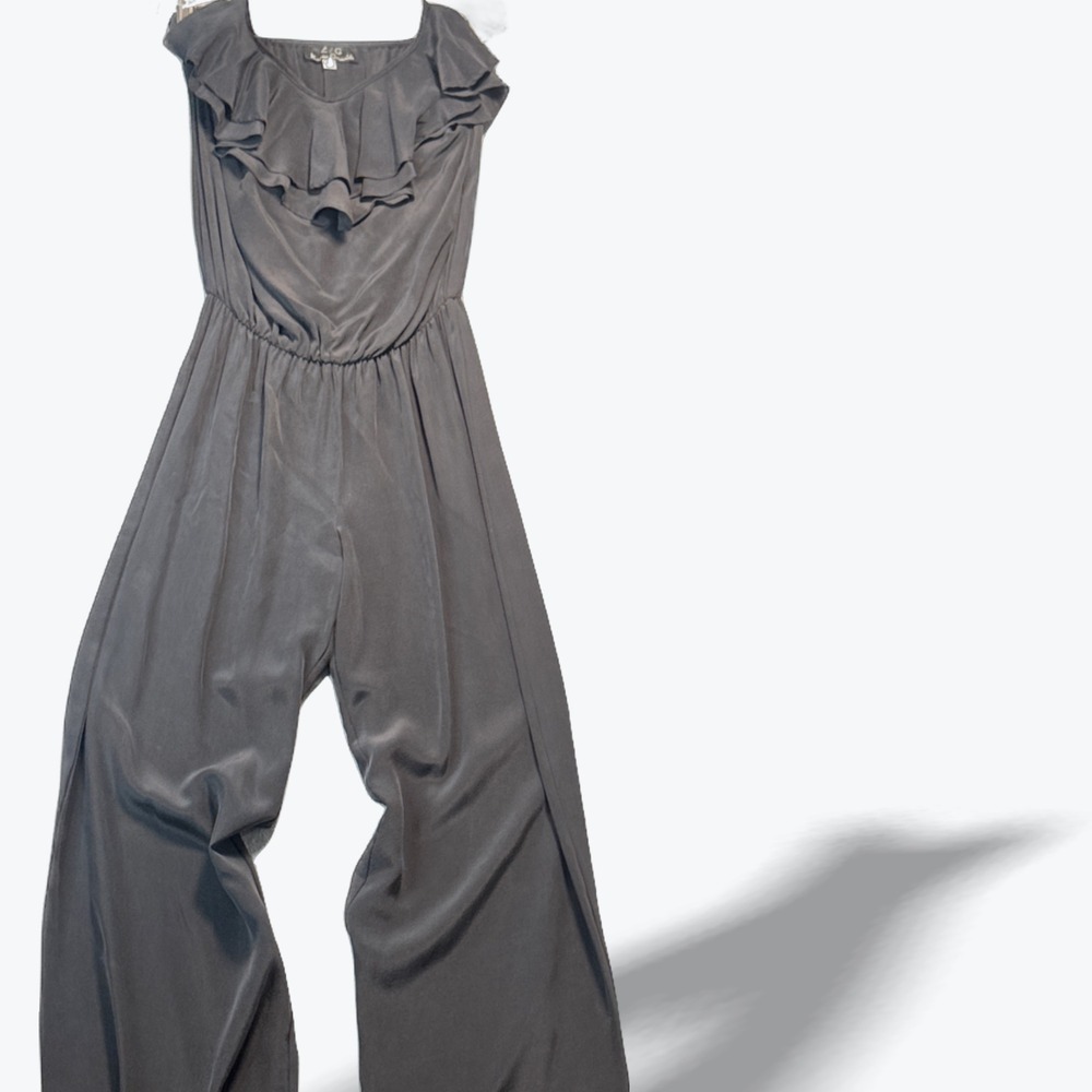 Karina Grimaldi Wide Leg Jumpsuit Black Ruffle Halter Silk Blend Evening Small